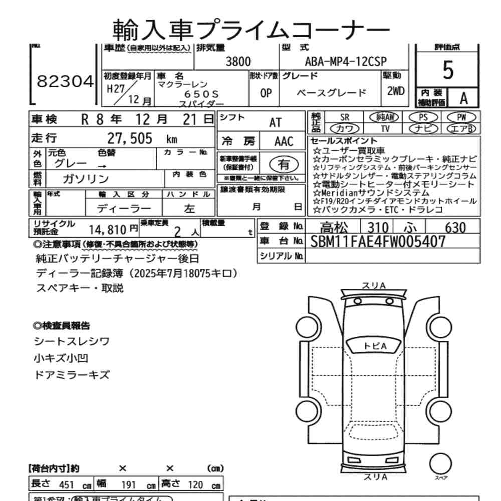 Arkusz aukcyjny — 2015 McLaren 650S Spider Base Grade