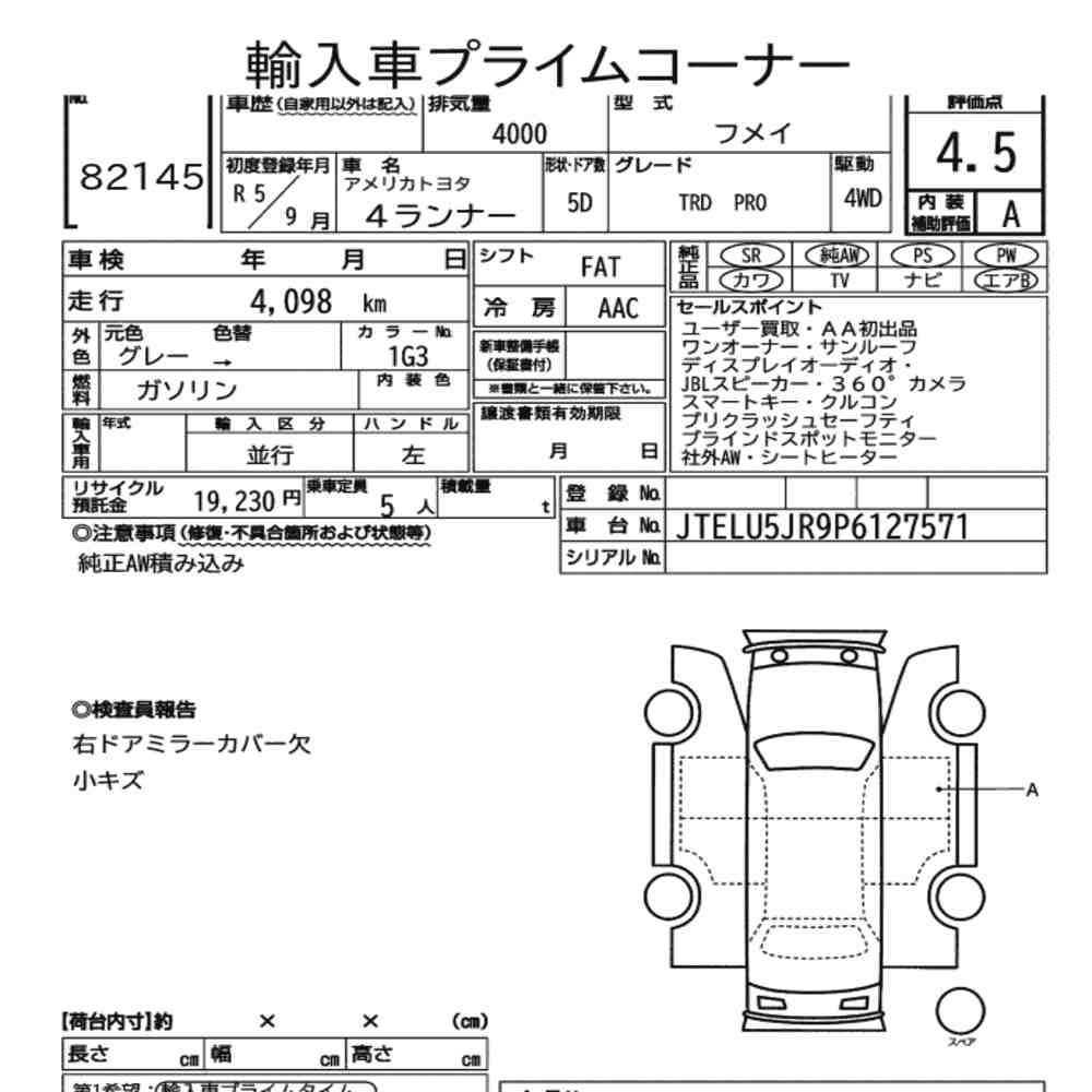 Arkusz aukcyjny — 2023 America Toyota 4RUNNER