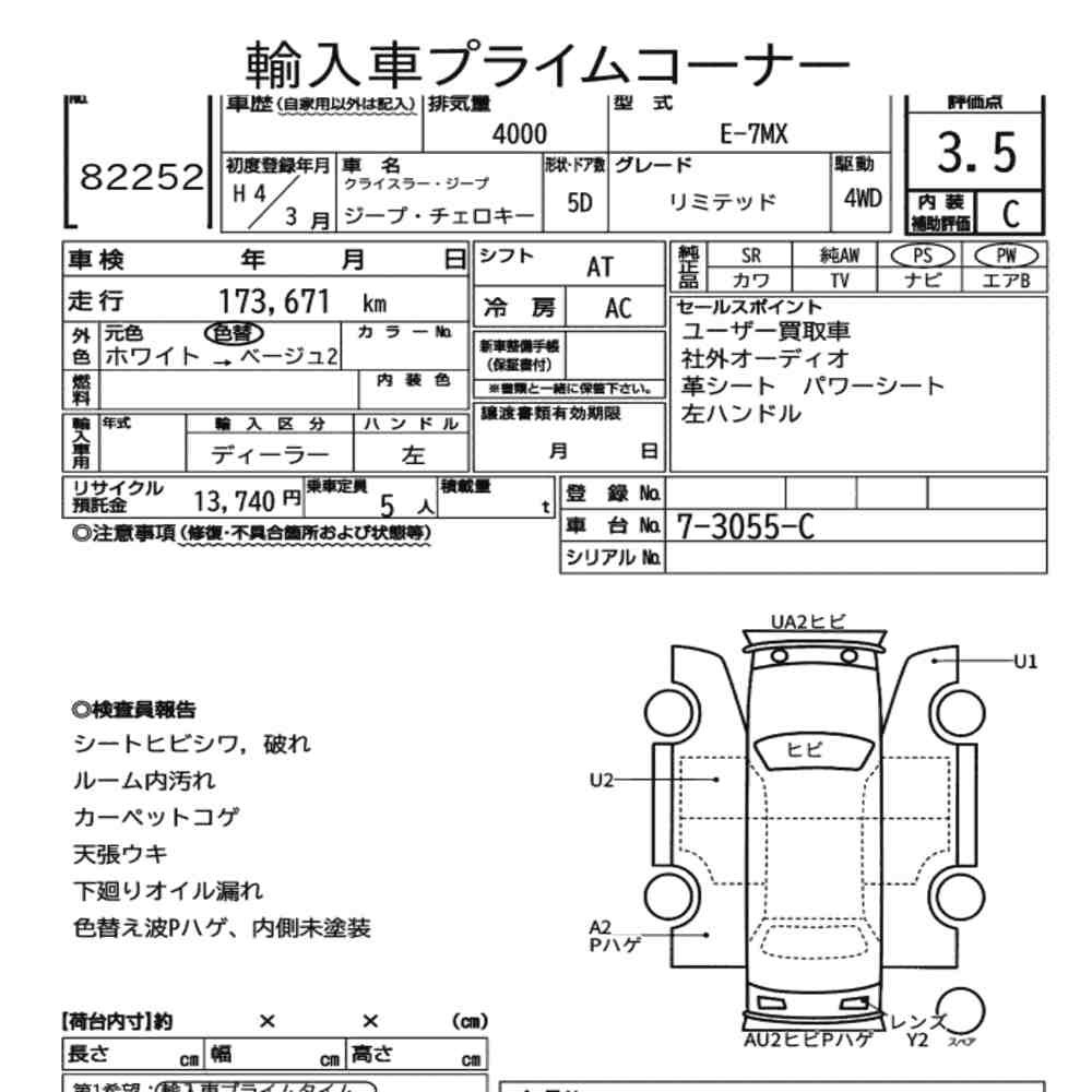 Arkusz aukcyjny — 1992 Chrysler Jeep Jeep Cherokee 5D 4WD Limited