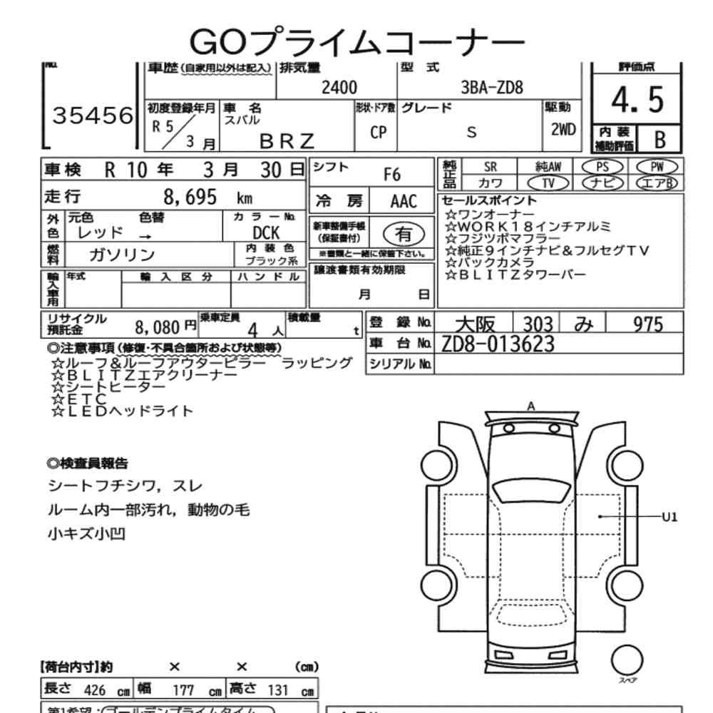 Arkusz aukcyjny — 2023 Subaru BRZ S