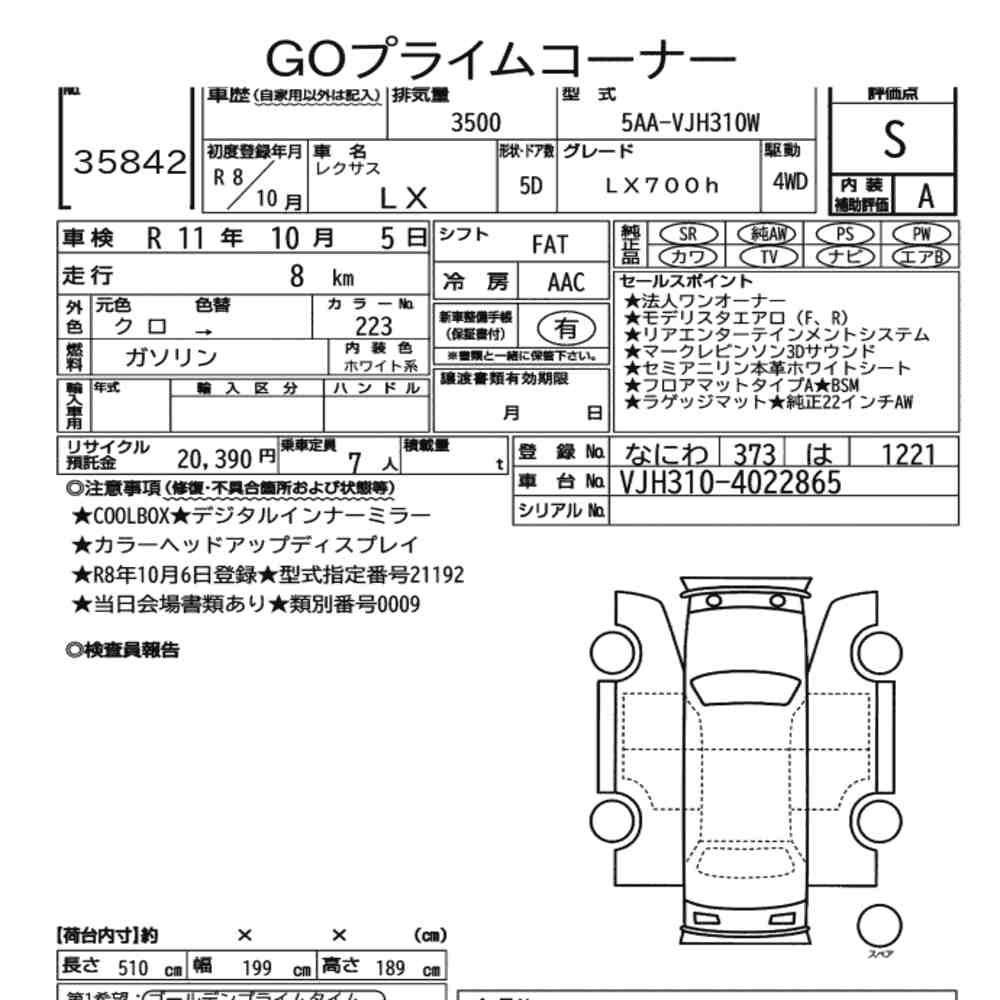 Arkusz aukcyjny — 2026 Lexus LX 4WD LX700H