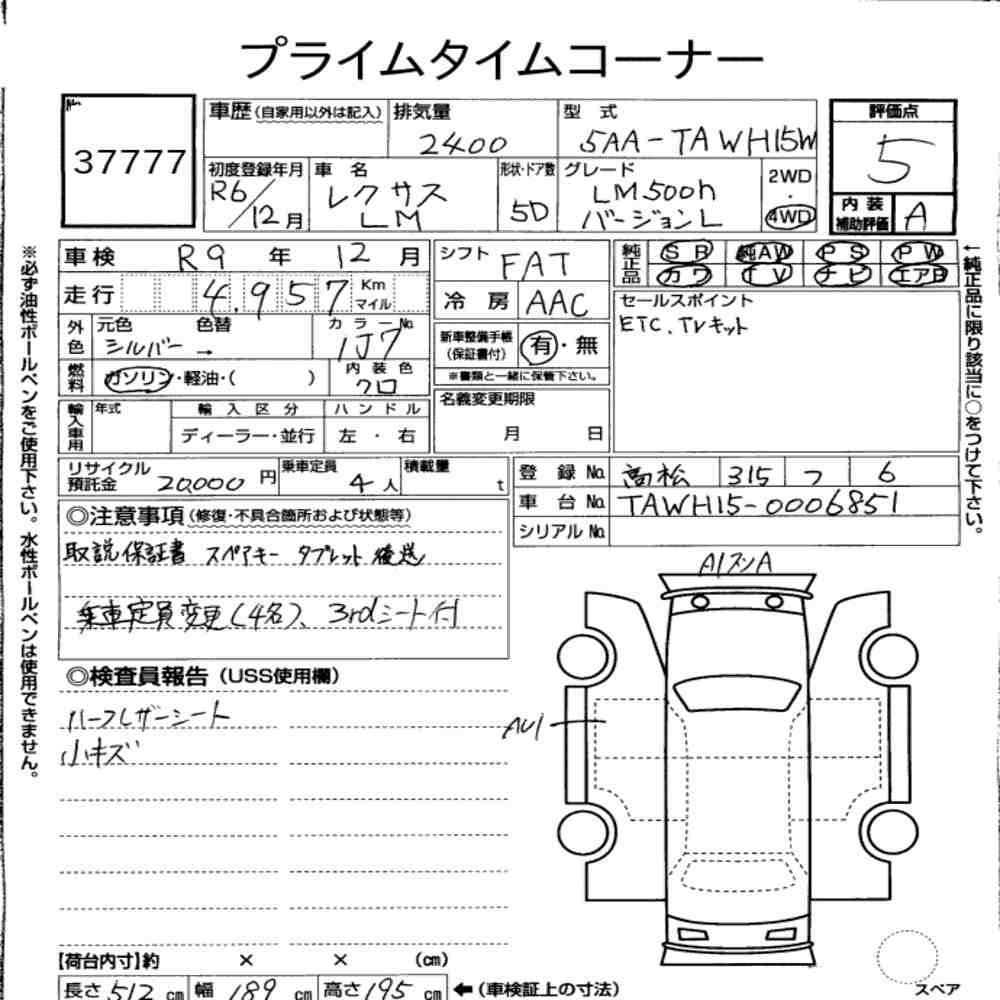 Arkusz aukcyjny — 2024 Lexus LM 4WD LM500H Version L