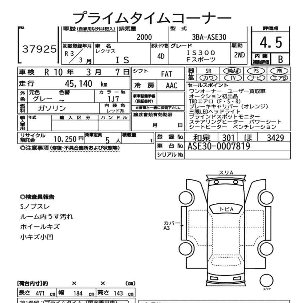 Arkusz aukcyjny — 2021 Lexus Is 4D IS300 F Sport