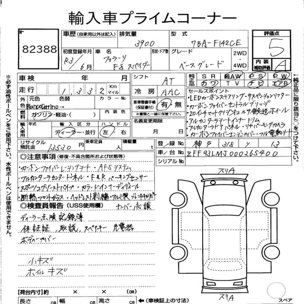 Arkusz aukcyjny — 2021 Ferrari F8 Spider Base Grade