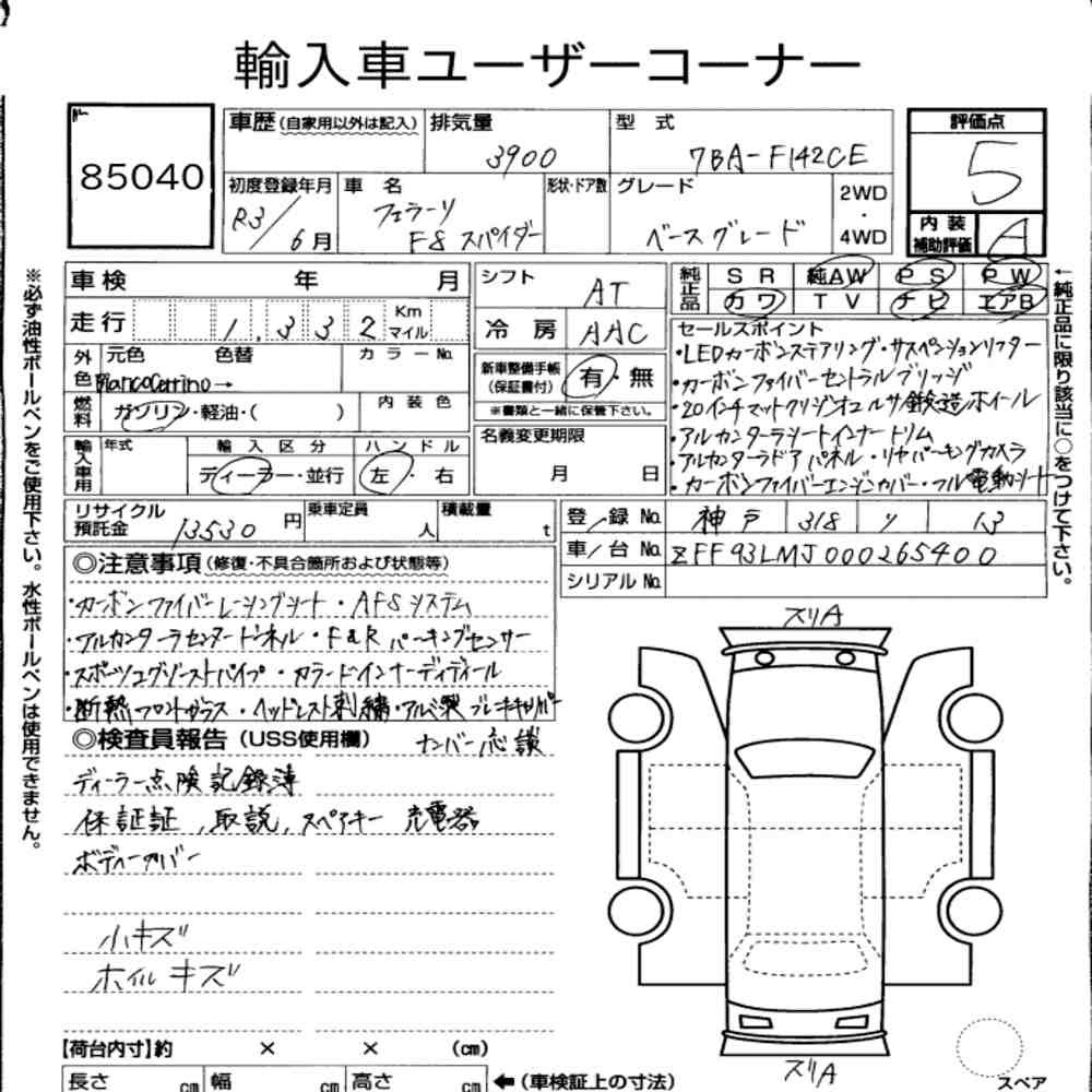 Arkusz aukcyjny — 2021 Ferrari F8 Spider Base Grade