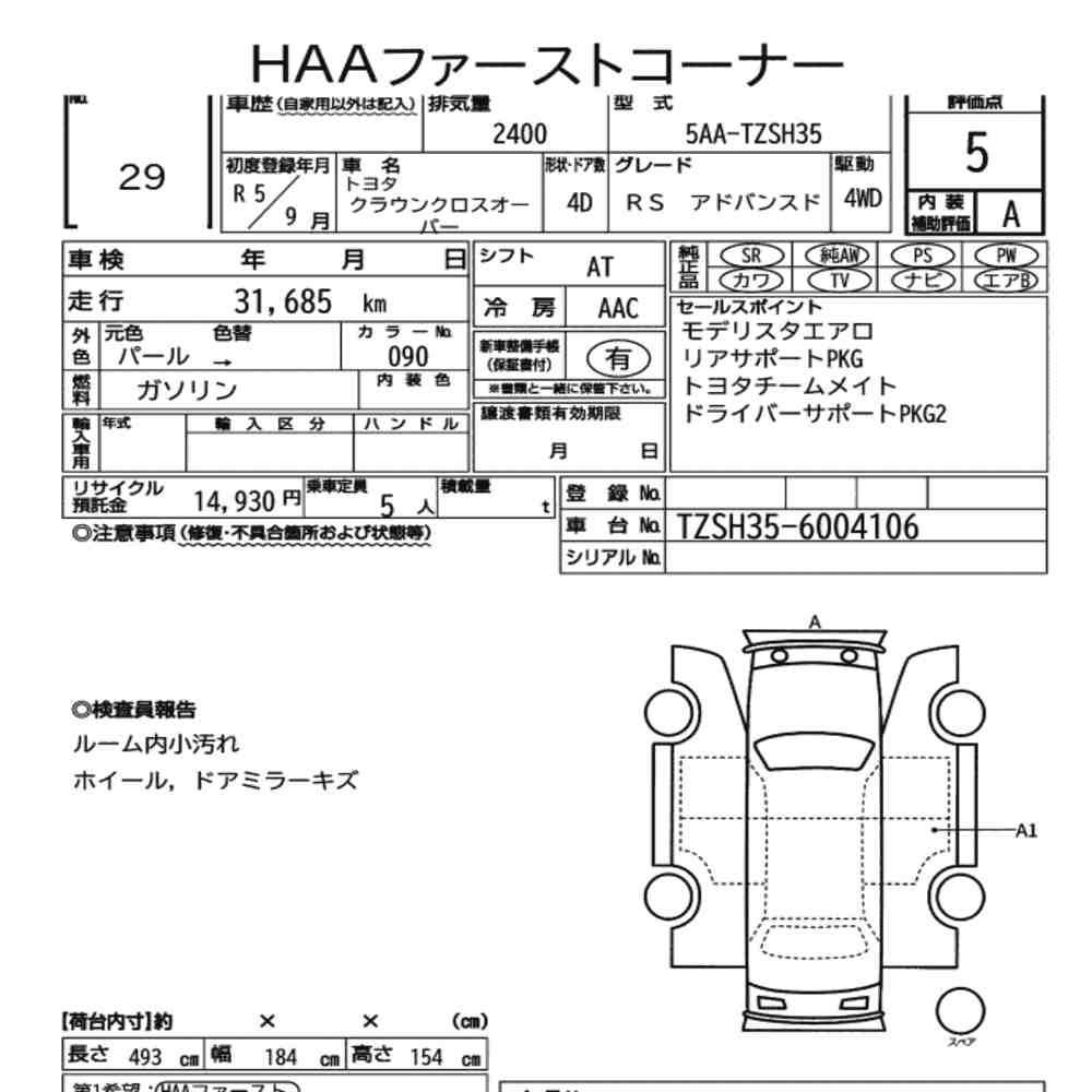 Arkusz aukcyjny — 2023 Toyota Crown Crossover 4WD RS Advanced