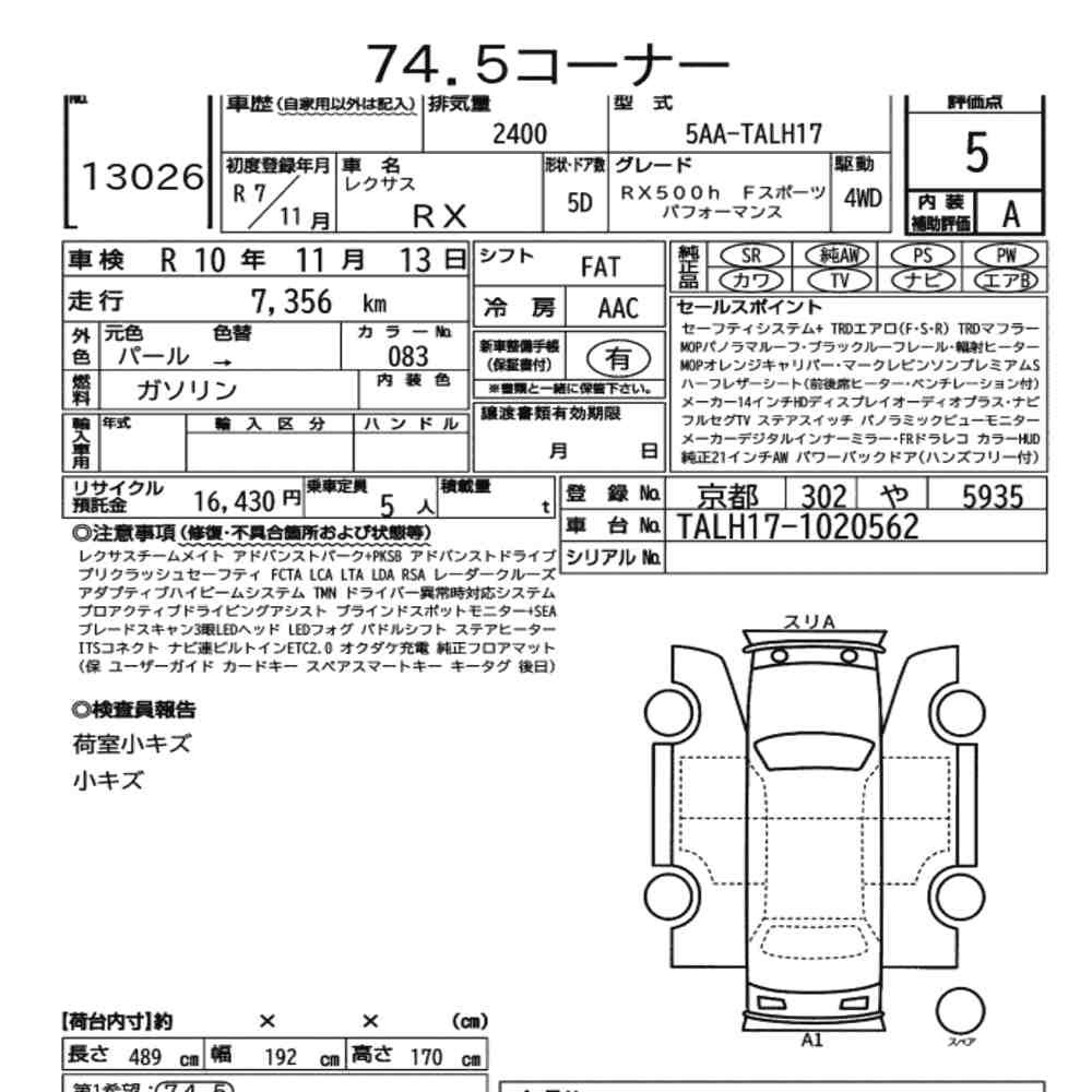 Arkusz aukcyjny — 2025 Lexus RX 4WD RX500H F Sport Performance