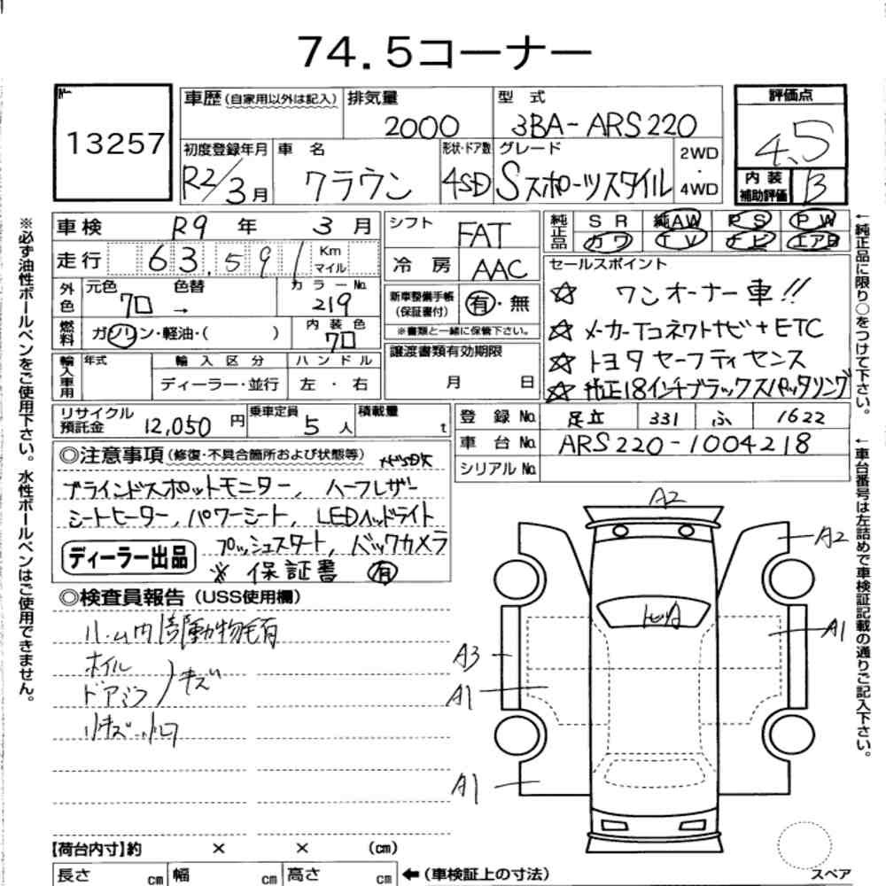 Arkusz aukcyjny — 2020 Toyota Crown 4D Special Edition S Sport Style