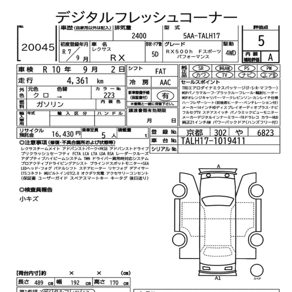Arkusz aukcyjny — 2025 Lexus RX 4WD RX500H F Sport Performance