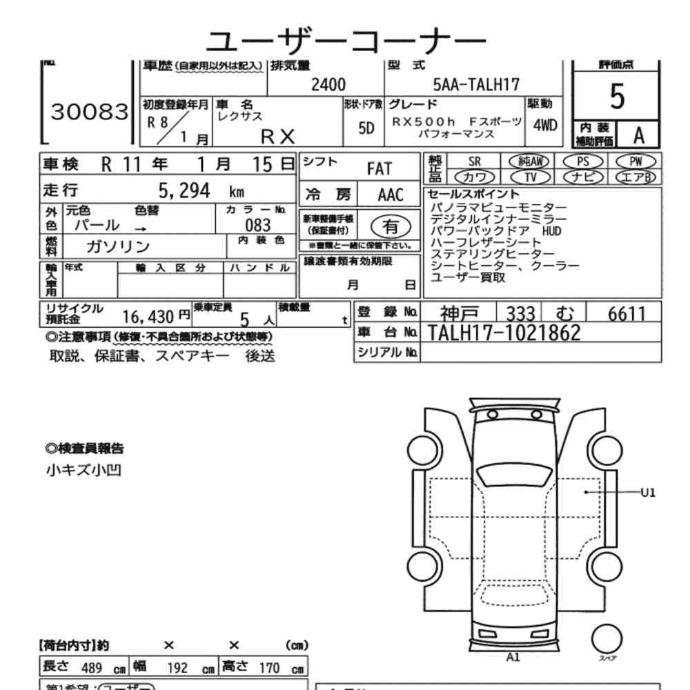 Arkusz aukcyjny — 2026 Lexus RX 4WD RX500H F Sport Performance