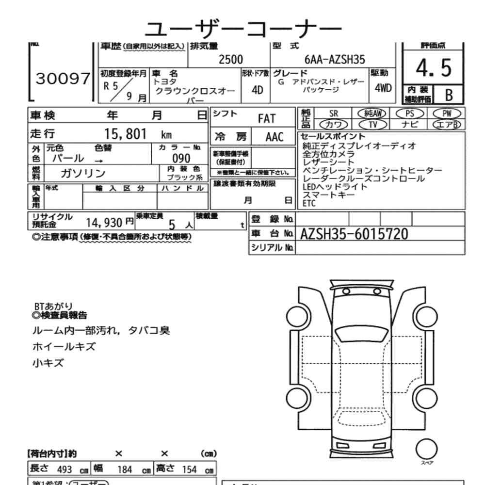 Arkusz aukcyjny — 2023 Toyota Crown Crossover 4WD G Advanced･leather Package