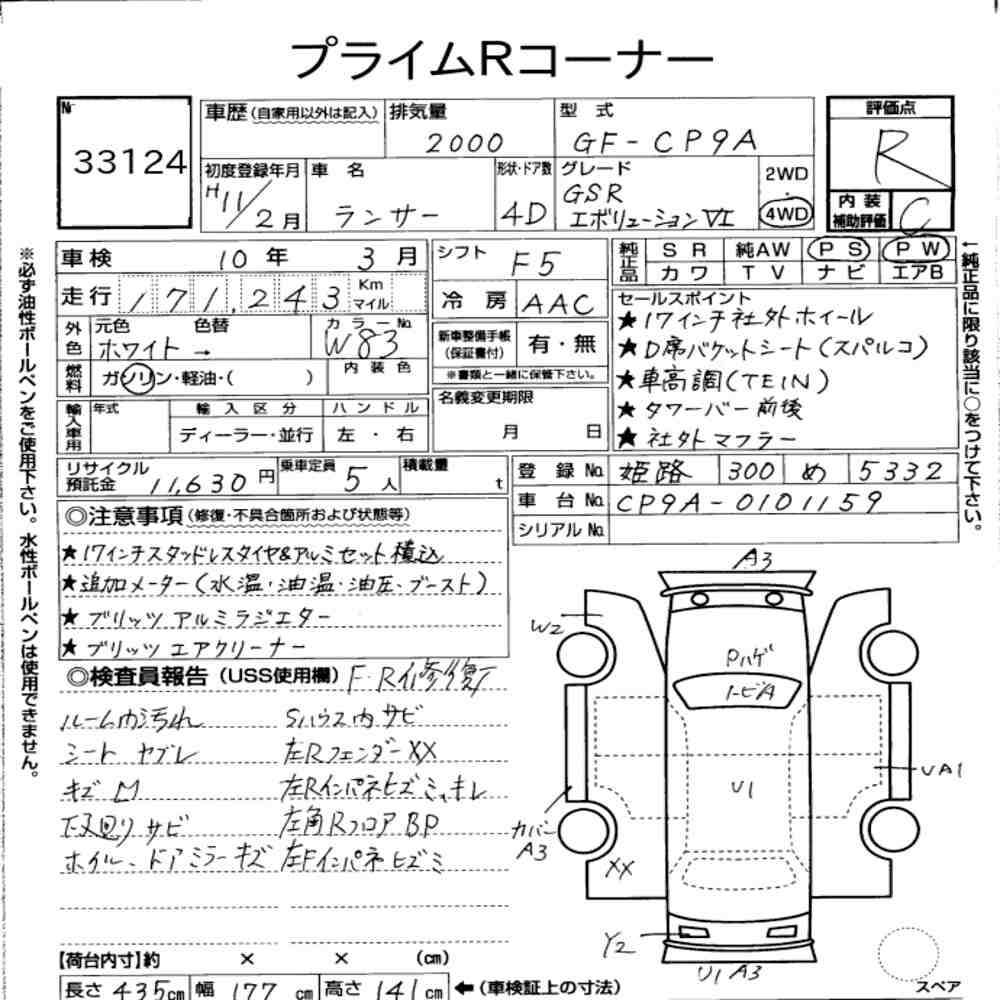 Arkusz aukcyjny — 1999 Mitsubishi Lancer 4D 4WD GSR Evolution Ⅵ