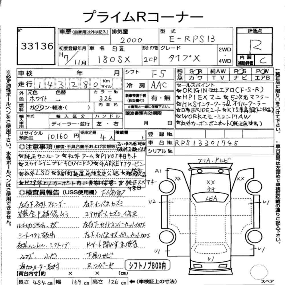 Arkusz aukcyjny — 1995 Nissan 180SX Type X