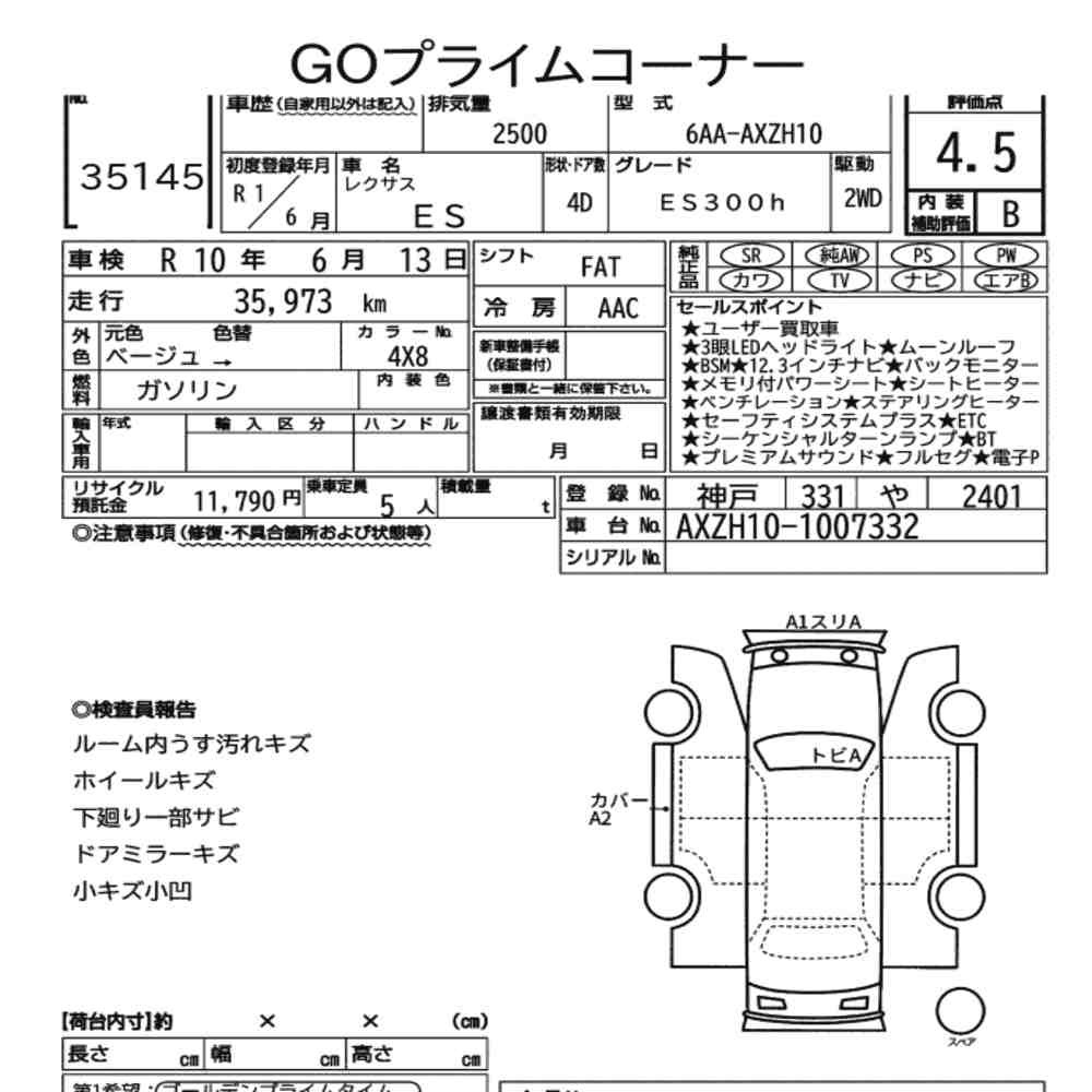 Arkusz aukcyjny — 2019 Lexus Es ES300H