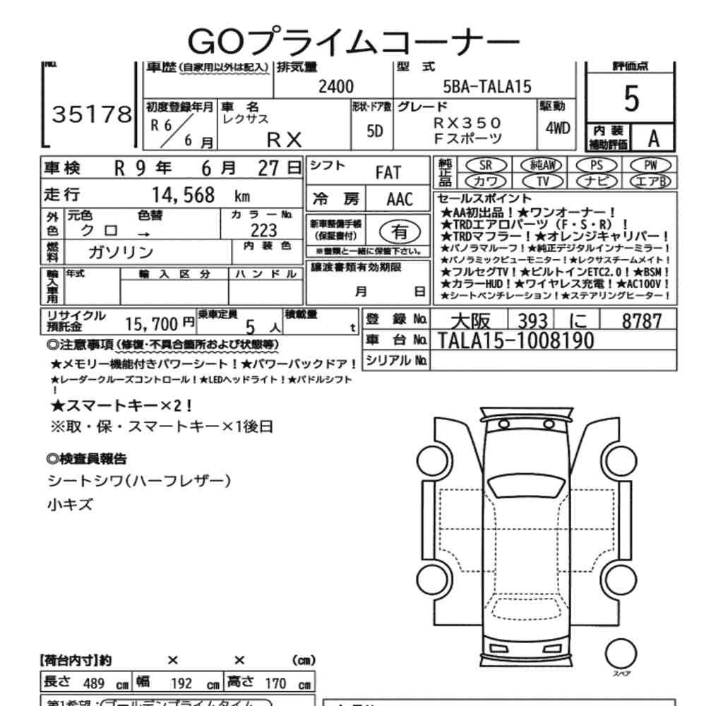 Arkusz aukcyjny — 2024 Lexus RX 4WD F Sport