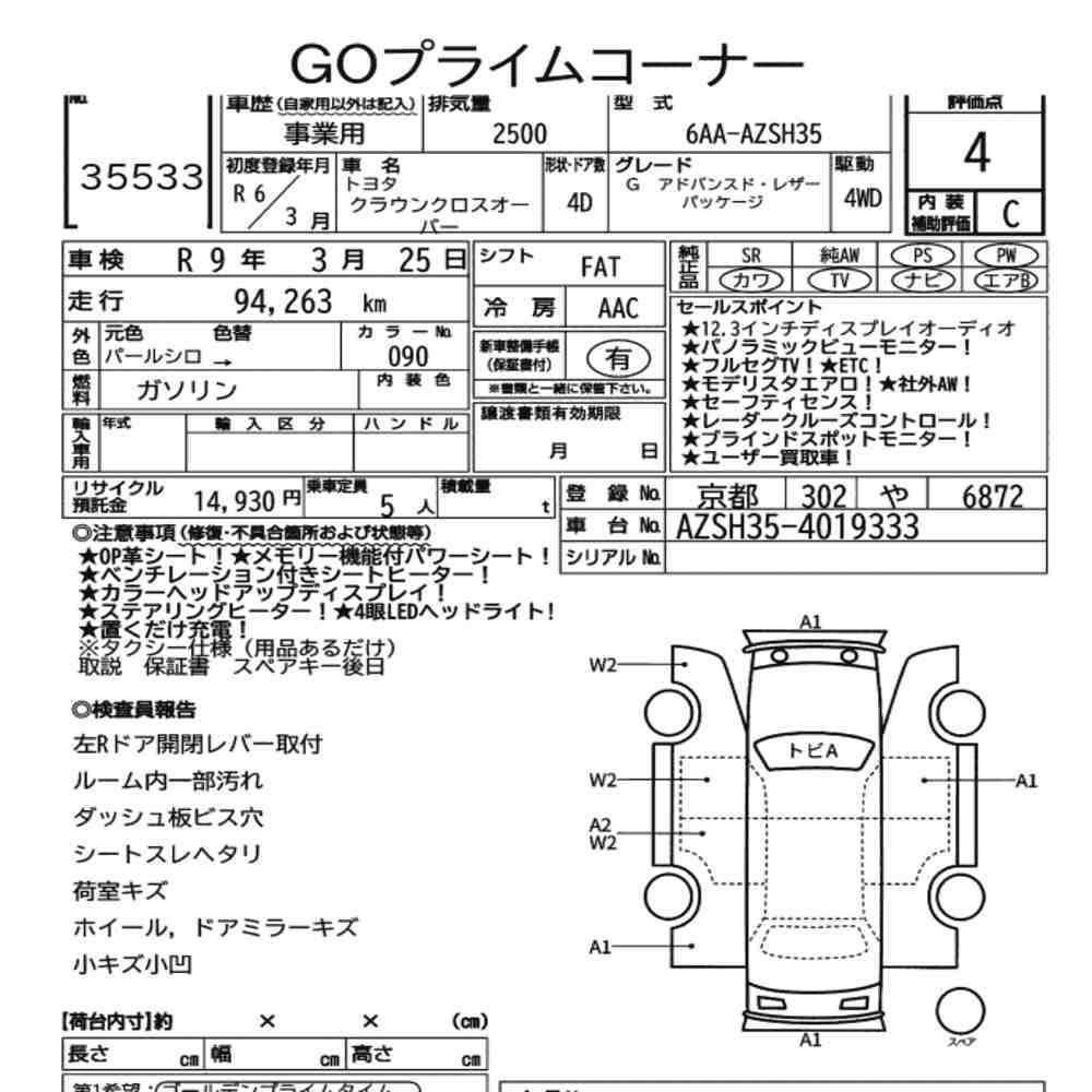 Arkusz aukcyjny — 2024 Toyota Crown Crossover 4WD G Advanced･leather Package
