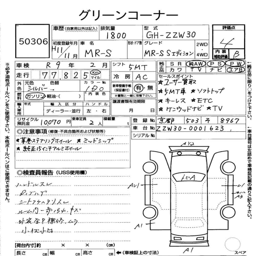 Arkusz aukcyjny — 1999 Toyota MR-S S Edition