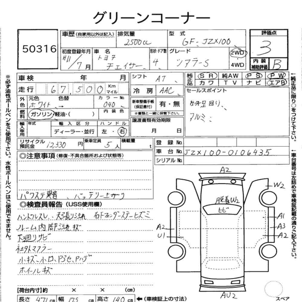 Arkusz aukcyjny — 1999 Toyota Chaser Tourer S