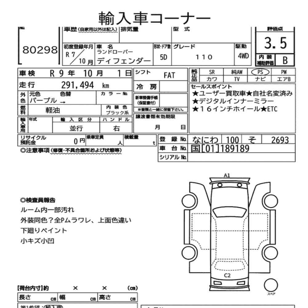 Arkusz aukcyjny — 2025 Land Rover Defender 5D 4WD 110