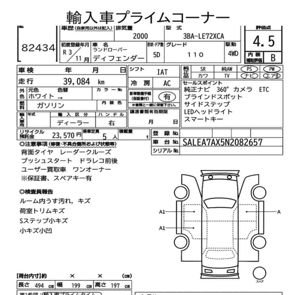 Arkusz aukcyjny — 2021 Land Rover Defender 5D 4WD 110