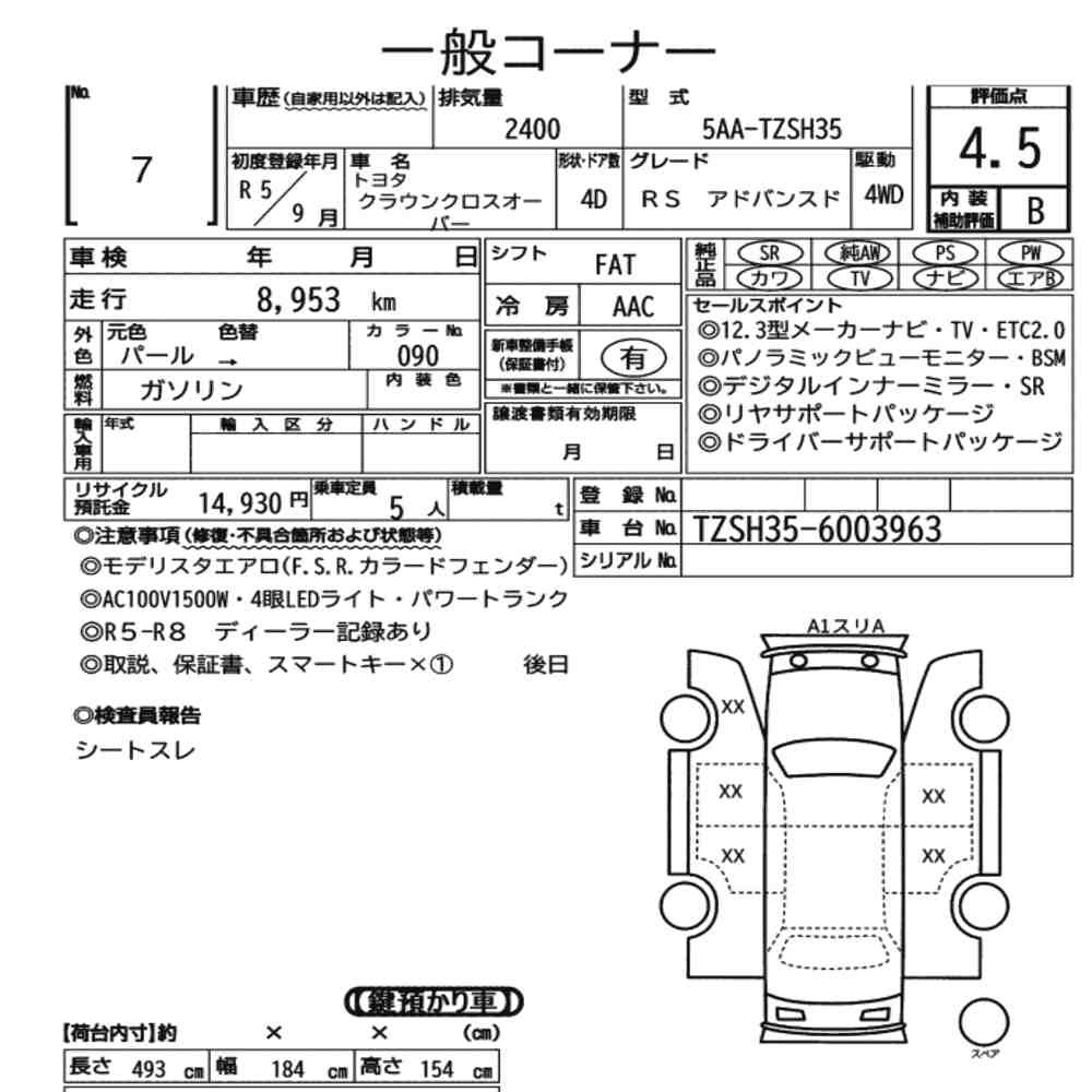 Arkusz aukcyjny — 2023 Toyota Crown Crossover 4WD RS Advanced