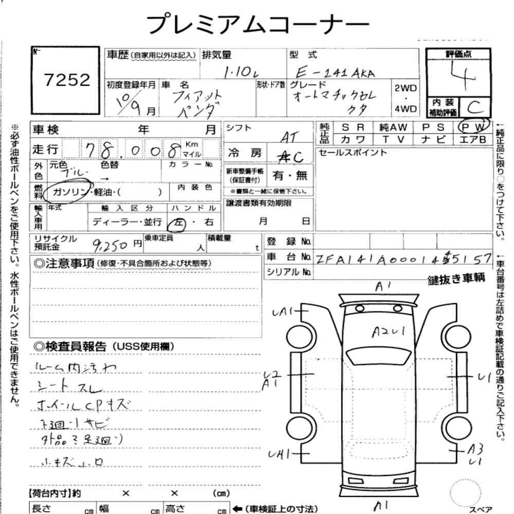 Arkusz aukcyjny — 1998 Fiat Panda 3D Automatic Selector