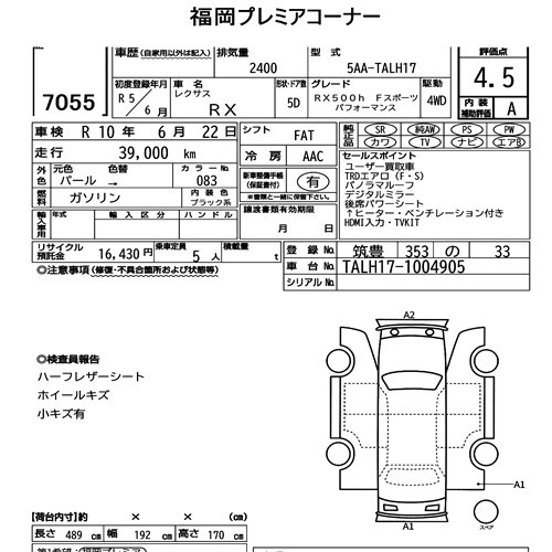 Arkusz aukcyjny — 2023 Lexus RX 4WD RX500H F Sport Performance