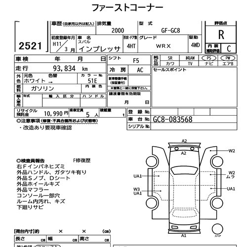 Arkusz aukcyjny — 1999 Subaru Impreza 4HT 4WD WRX