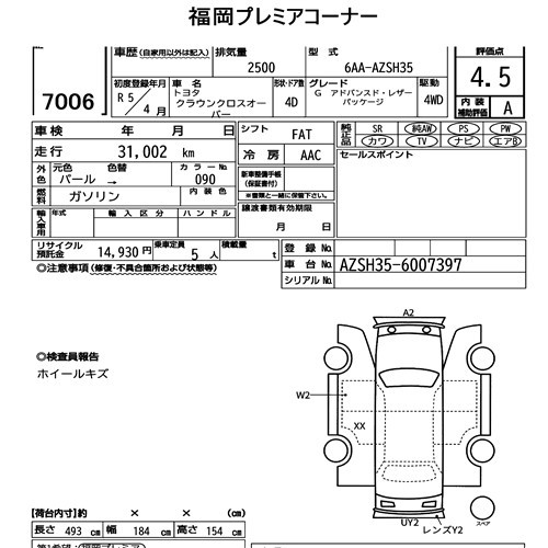 Arkusz aukcyjny — 2023 Toyota Crown Crossover 4WD G Advanced・leather Package