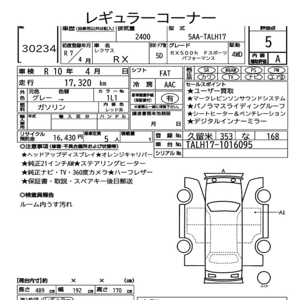 Arkusz aukcyjny — 2025 Lexus RX 4WD RX500H F Sport Performance