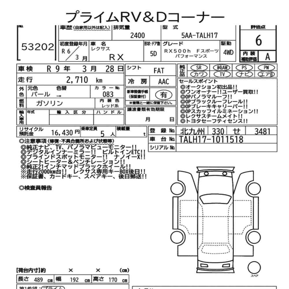Arkusz aukcyjny — 2024 Lexus RX 4WD RX500H F Sport Performance