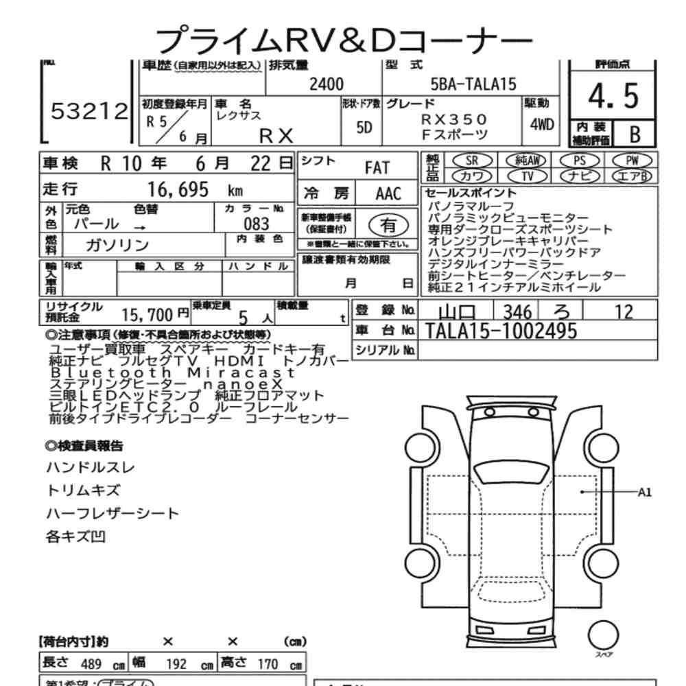 Arkusz aukcyjny — 2023 Lexus RX 4WD F Sport