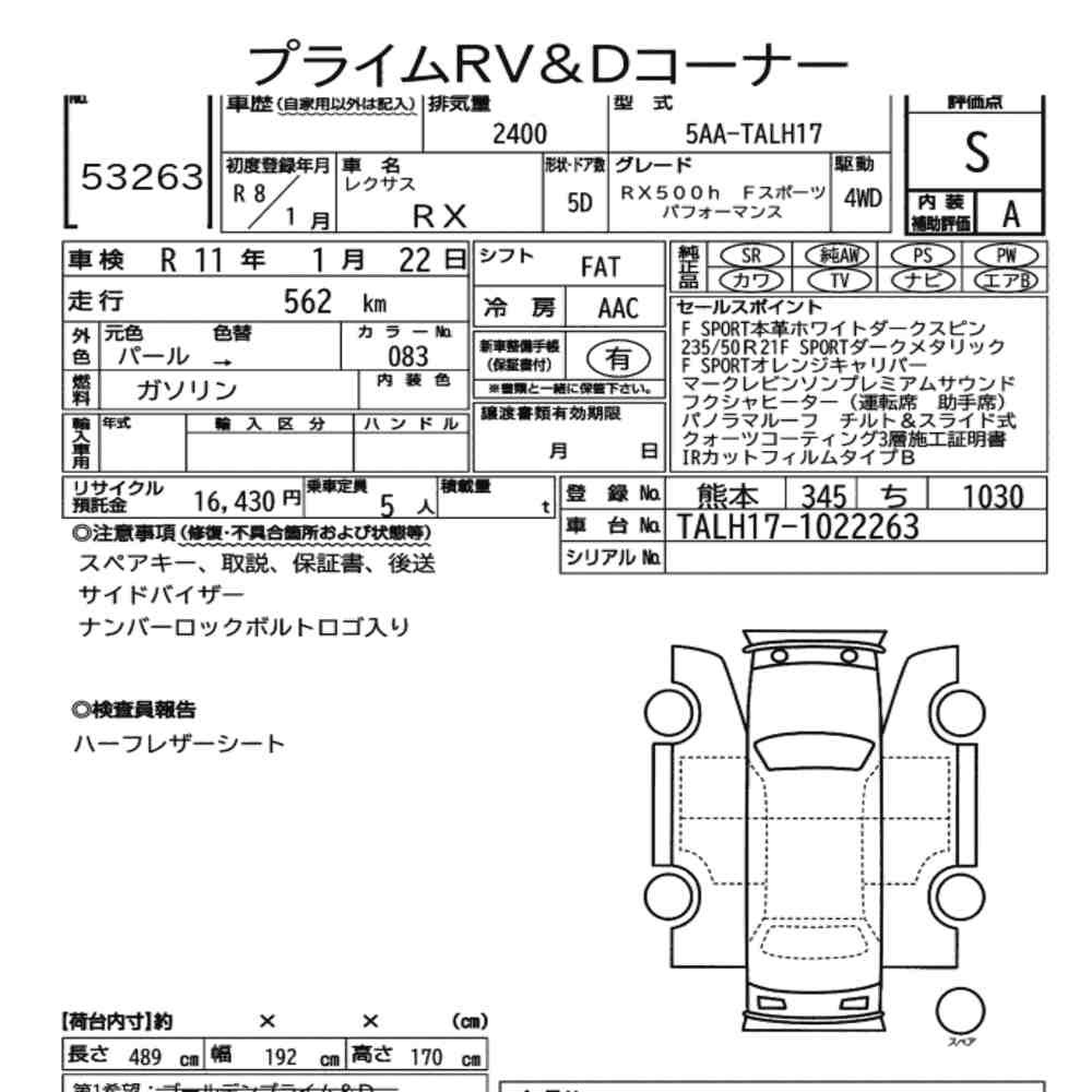 Arkusz aukcyjny — 2026 Lexus RX 4WD RX500H F Sport Performance