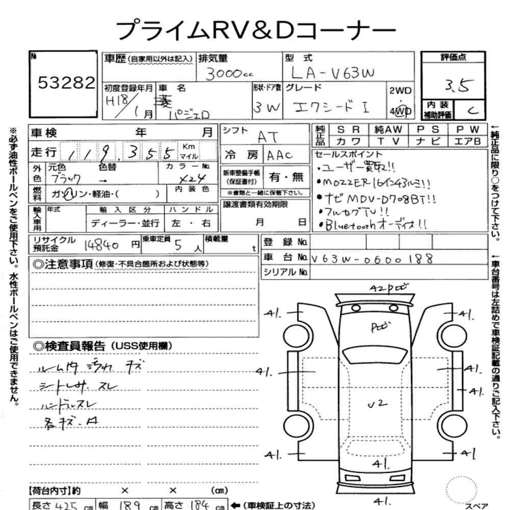 Arkusz aukcyjny — 2006 Mitsubishi Pajero 3D 4WD Short Exceed - Ⅰ