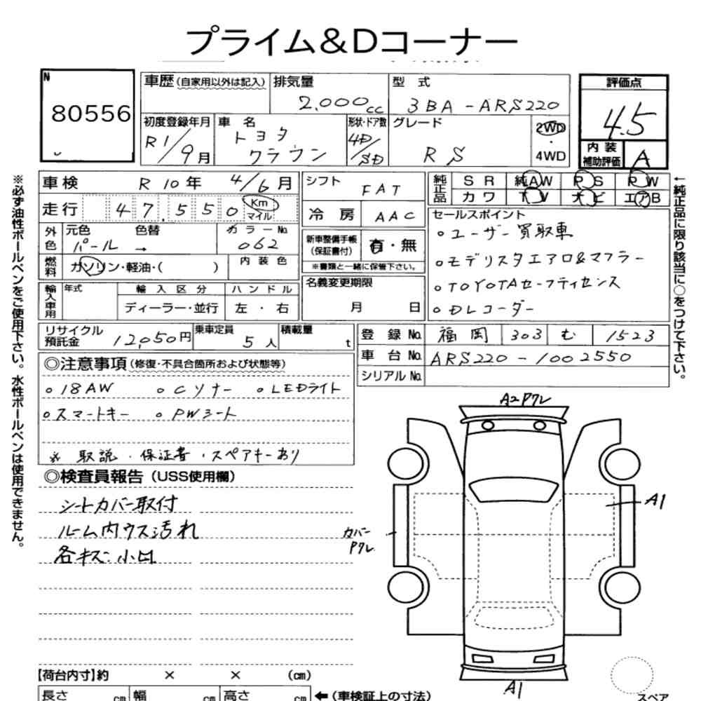 Arkusz aukcyjny — 2019 Toyota Crown 4D RS