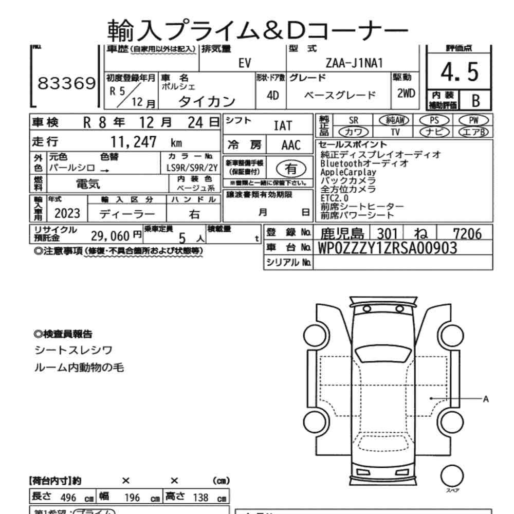 Arkusz aukcyjny — 2023 Porsche Taycan 4D Base Grade