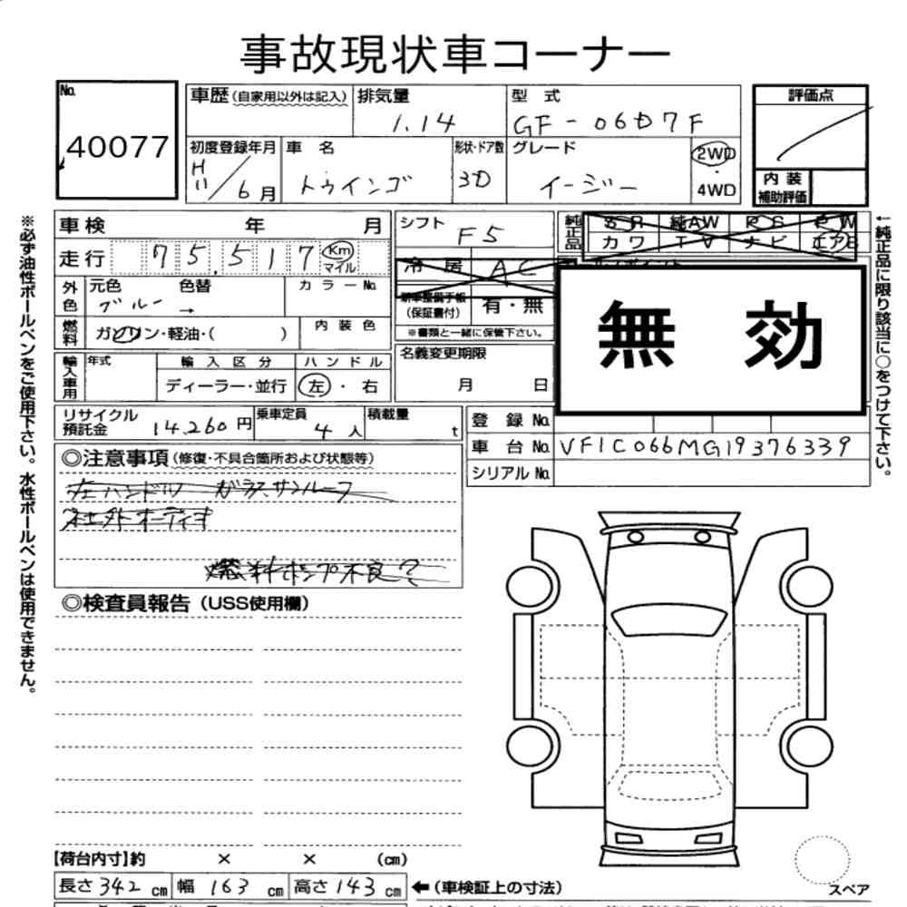 Arkusz aukcyjny — 1999 Renault Twingo 3D Easy