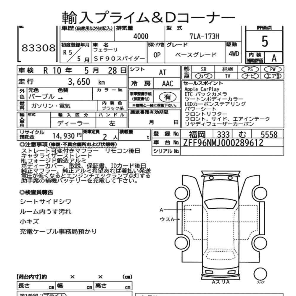 Arkusz aukcyjny — 2023 Ferrari SF90 Spider 4WD Base Grade