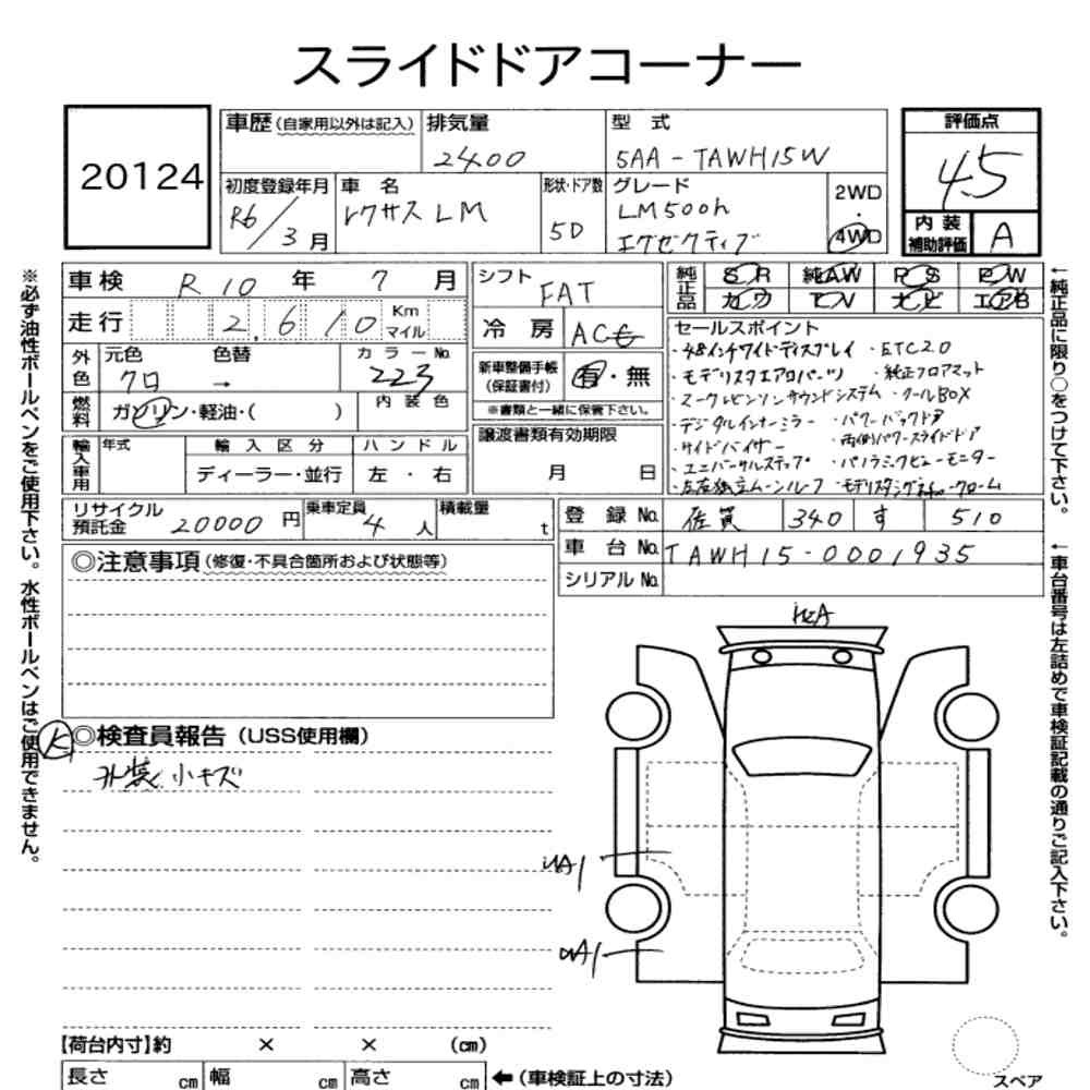 Arkusz aukcyjny — 2024 Lexus LM 4WD LM500H Executive