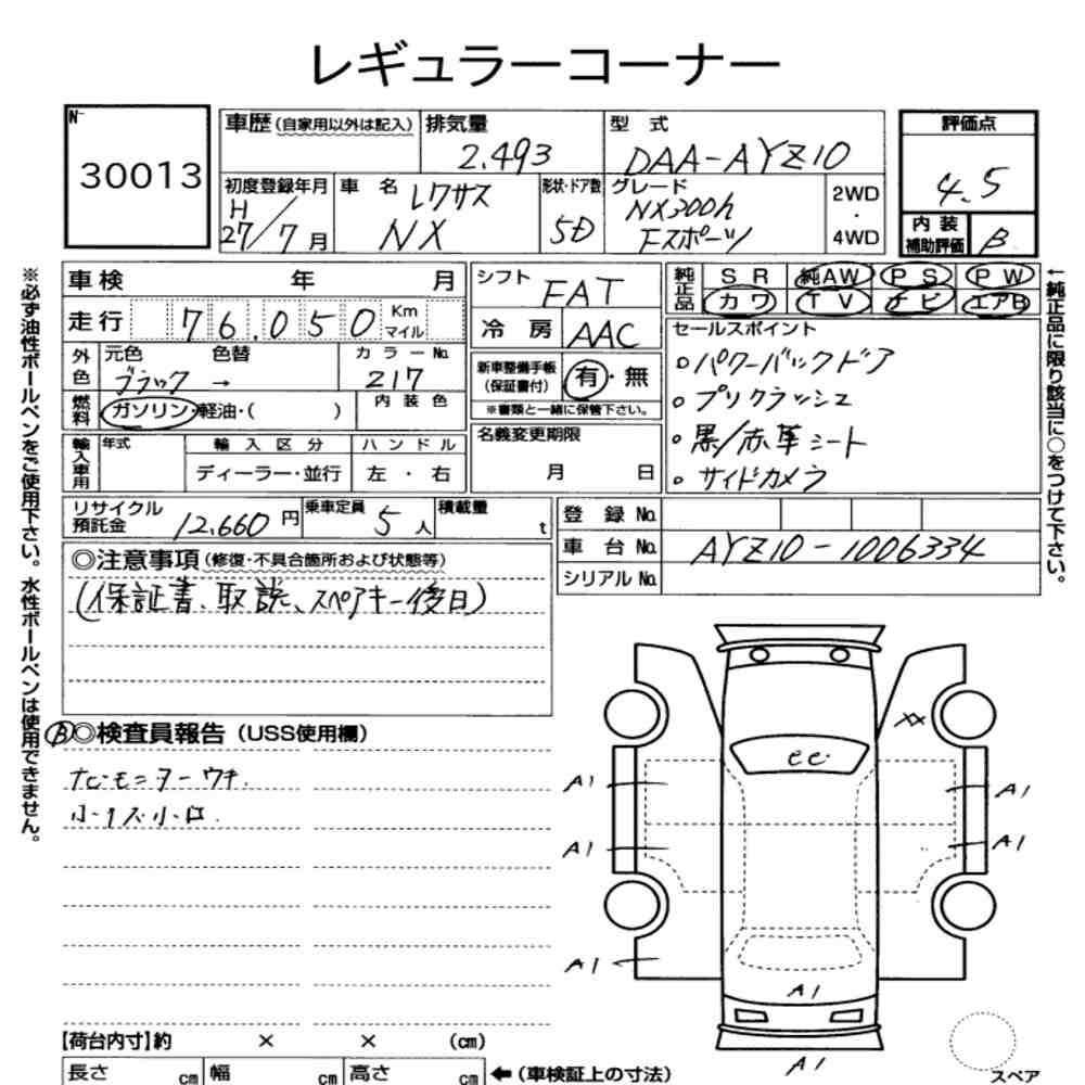Arkusz aukcyjny — 2015 Lexus NX NX300H F Sport