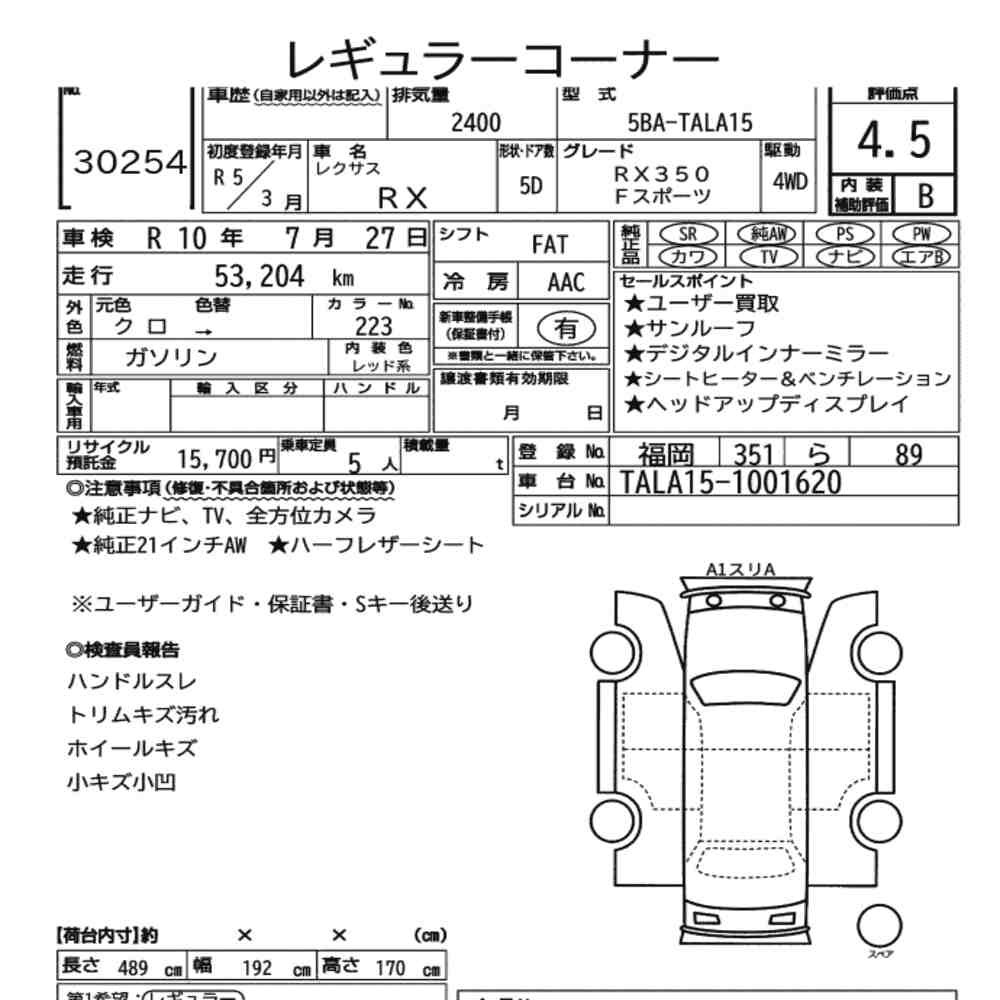 Arkusz aukcyjny — 2023 Lexus RX 4WD F Sport