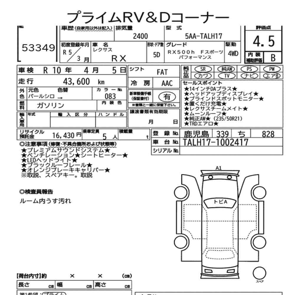 Arkusz aukcyjny — 2023 Lexus RX 4WD RX500H F Sport Performance