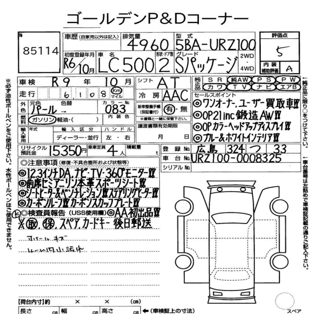 Arkusz aukcyjny — 2024 Lexus LC CP LC500 S Package